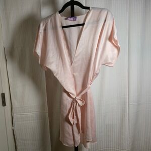 Beth Michaels Pink Satin Short Sleeve Robe Wrap Dress‎ Boudoir Romantic Feminine